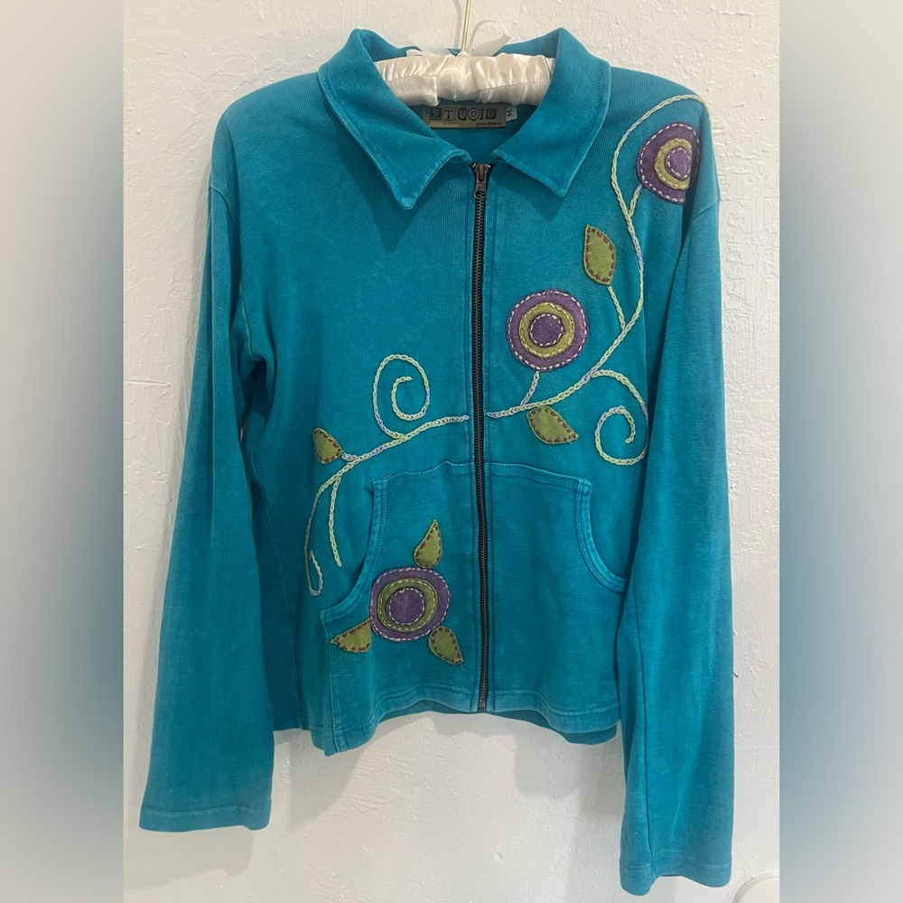 Vintage Teal Embroidered Women's Zip up